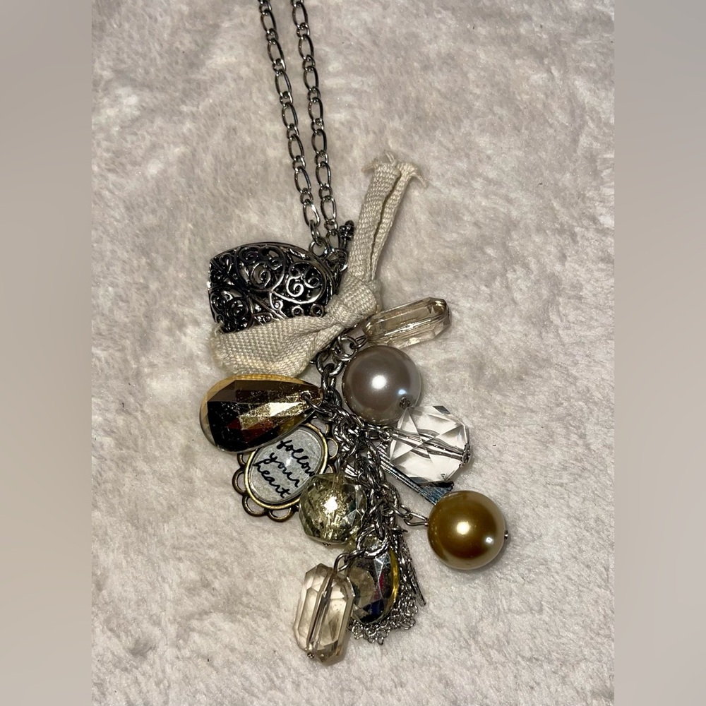 Silver-Tone Multi Charm Necklace with Pearls and Crystals Bar Lock 17 inches